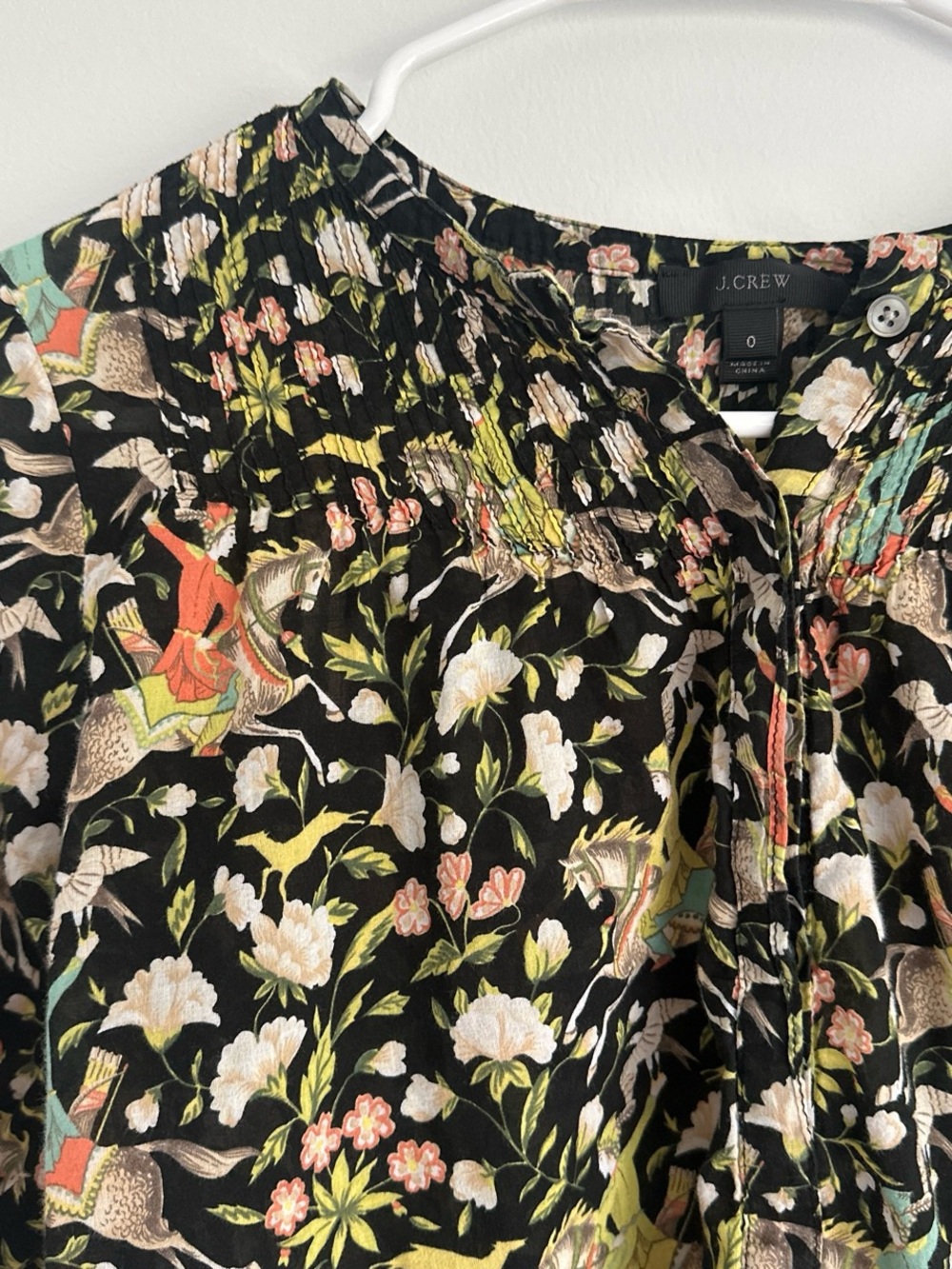 J. Crew Black Floral & Equestrian Print Top
